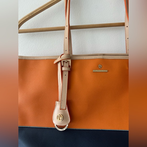 NWOT Spartina 449 Orange Navy Blue Tote Bag with Multi-color Silky Lining - Picture 3 of 15
